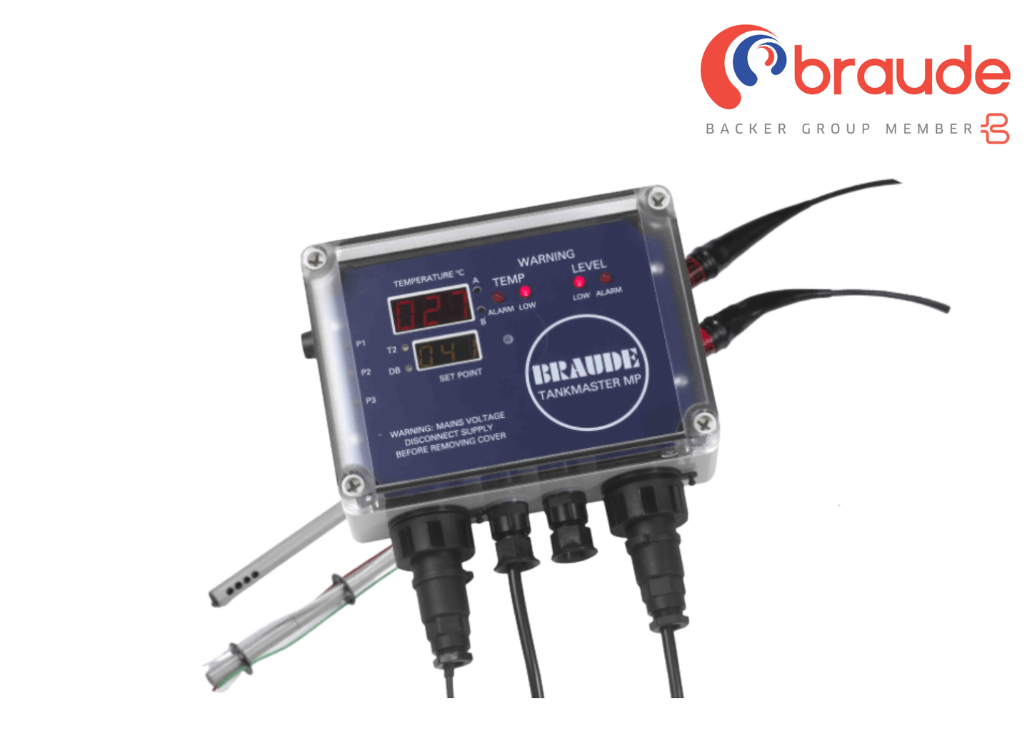 Control panel with digital display and multiple connectors on a white background, featuring the Braude logo.