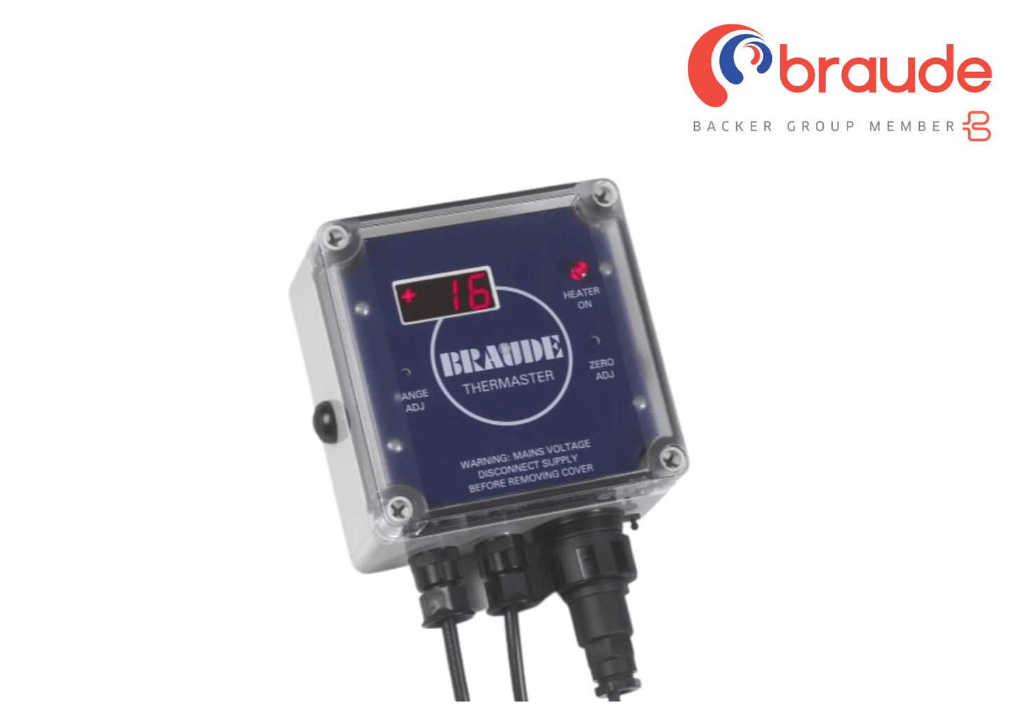 Brande thermaster thermostat with digital display on a white background, featuring the Braude logo.