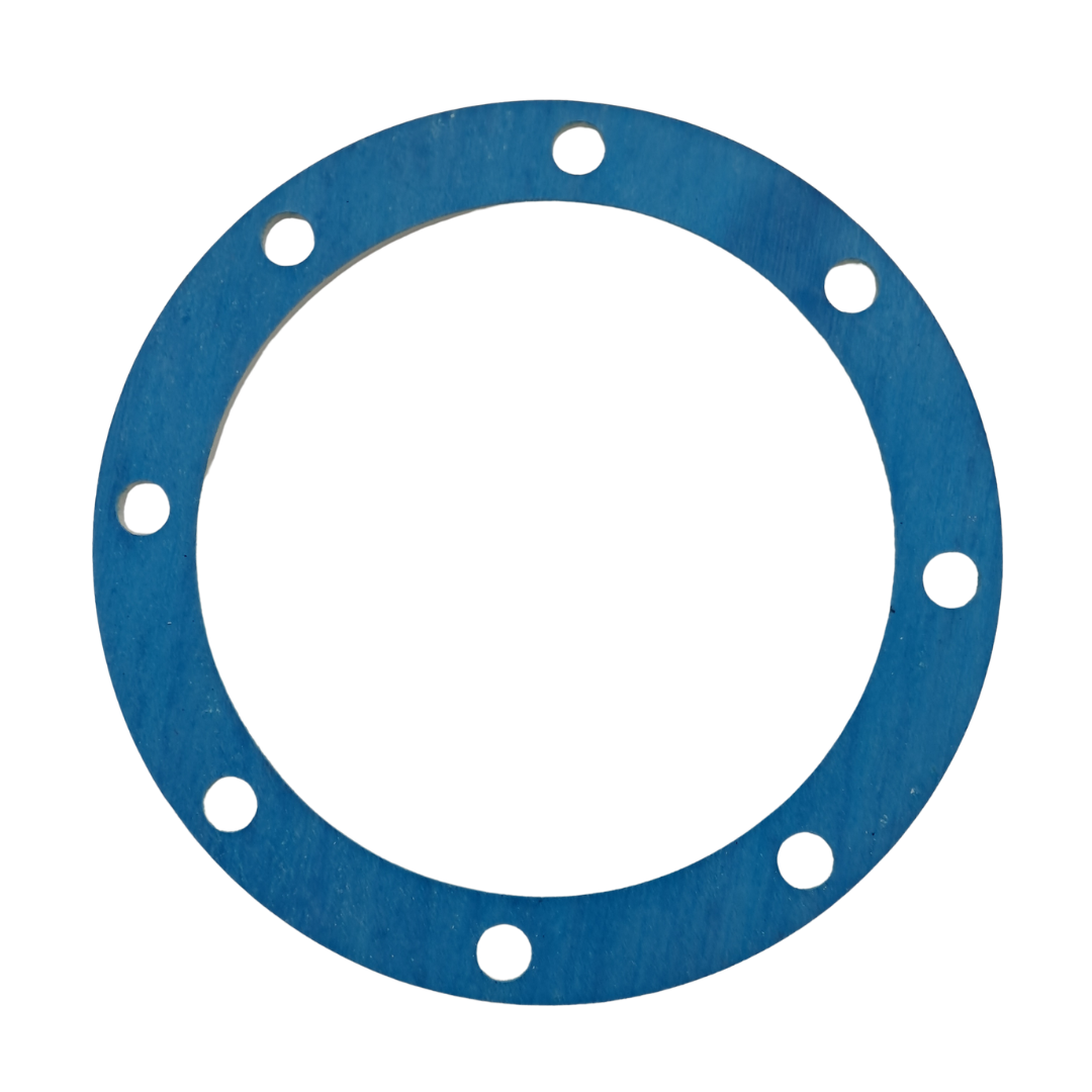 Blue gasket with multiple holes on a white background
