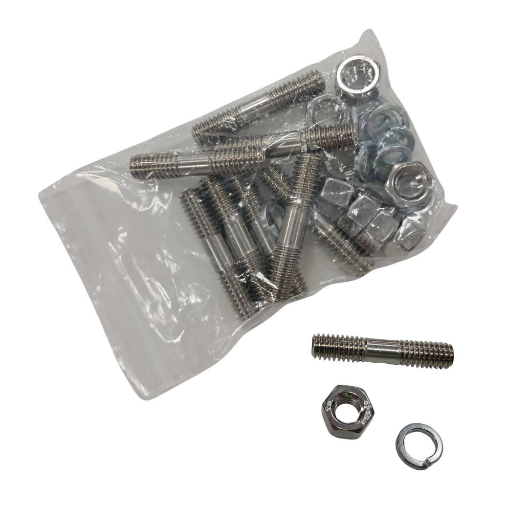 Packaged set of metal screws and nuts on a white background