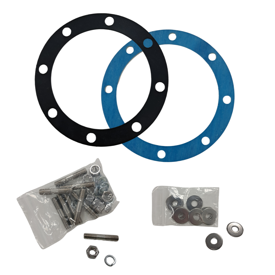 Two gaskets, one black and one blue, with a set of screws and washers on a white background.