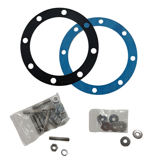 Two gaskets, one black and one blue, with a set of screws and washers on a white background.