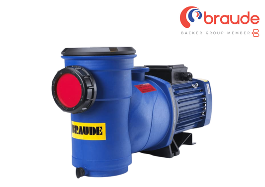 Blue BRAUDE Self Priming Chemical Transfer Pump with red and yellow accents on a white background, featuring the Braude logo.