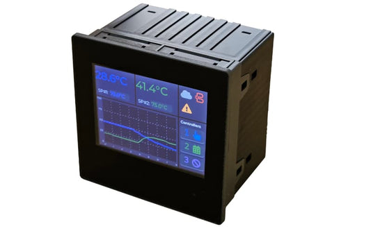 Backer IOT Smart Controller with digital display with a screen showing temperature and other metrics on a white background. Gives accurate control of temperature and therefore energy usage. 