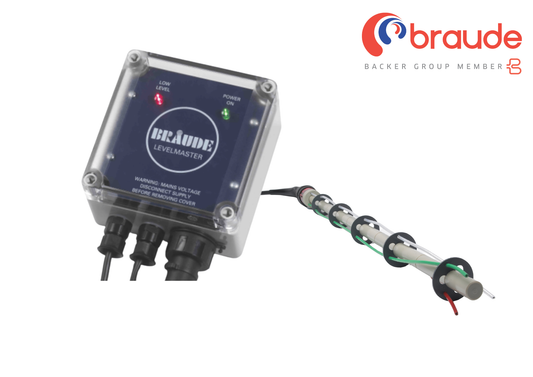 Electrical control panel with wiring on a white background, featuring the Braude logo.