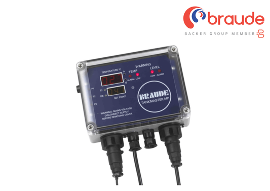 Electronic Braude Tankmaster with digital display and multiple ports on a white background, featuring the Braude logo.
