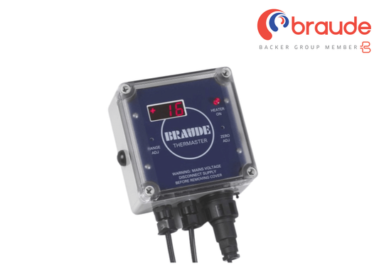 Brande thermaster thermostat with digital display on a white background, featuring the Braude logo.