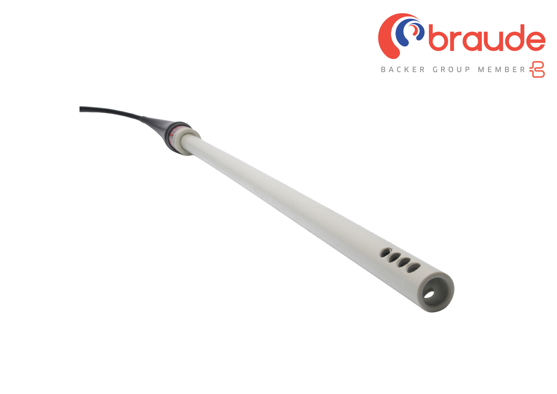 White heating element with black end on a white background, featuring the Braude logo.