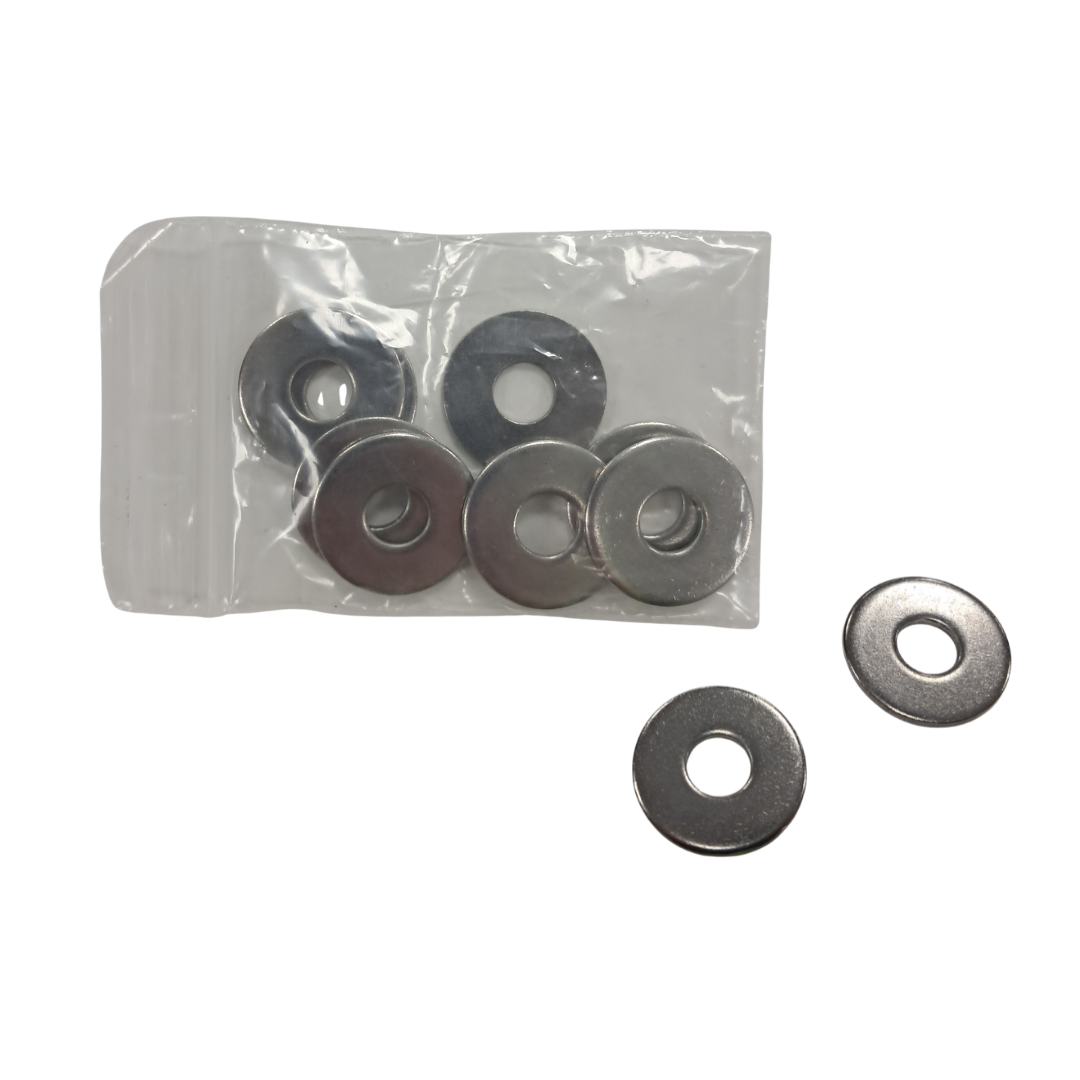 Metal washers in a clear plastic bag on a white background