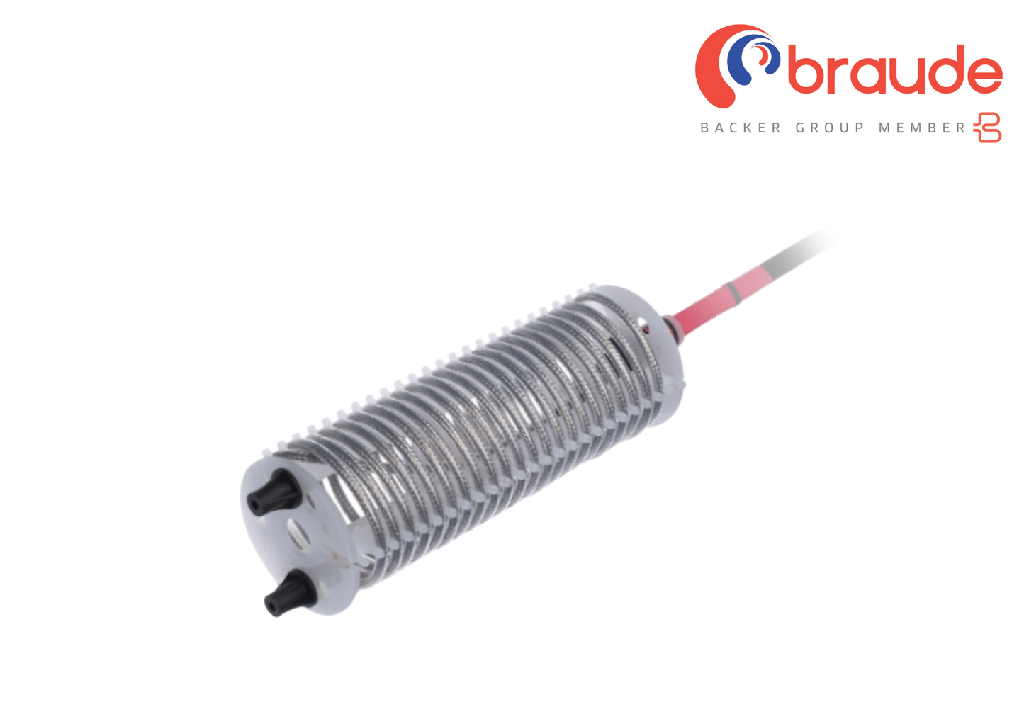 Polaris Popular Cylindrical Tank Heater on a white background with the Braude logo in the top right corner. Anti-corrosion, easy to install, convenient cylindrical shape for awkward spaces.