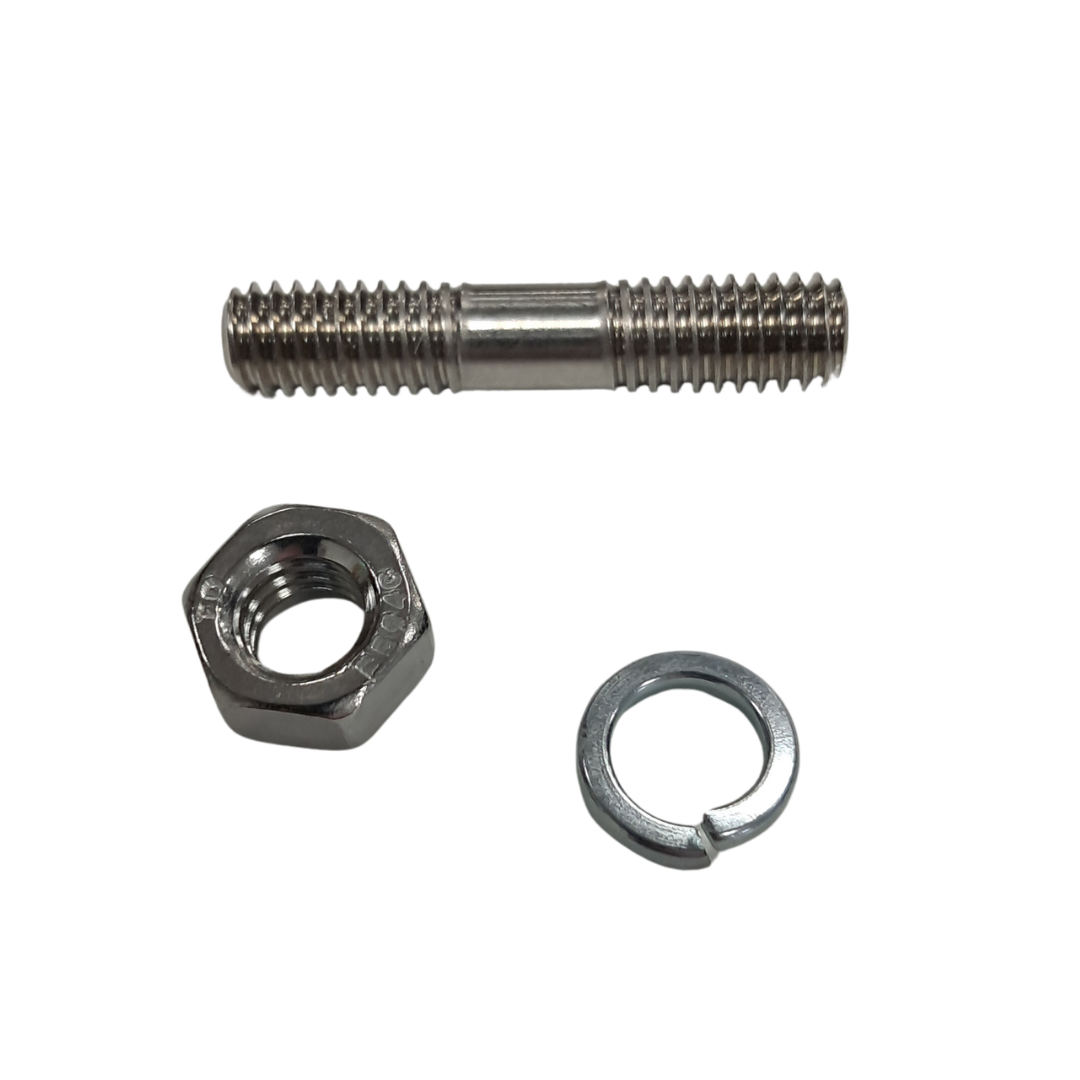 Metal screw, nut, and washer on a white background